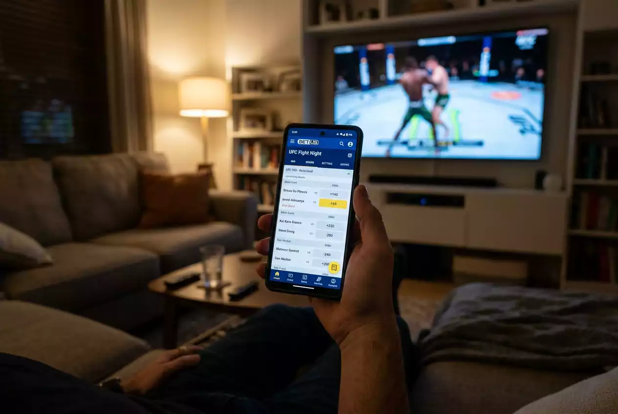 Smartphone in einer Hand zeigt eine MMA-Wetten-Oberfläche mit Kampfquoten