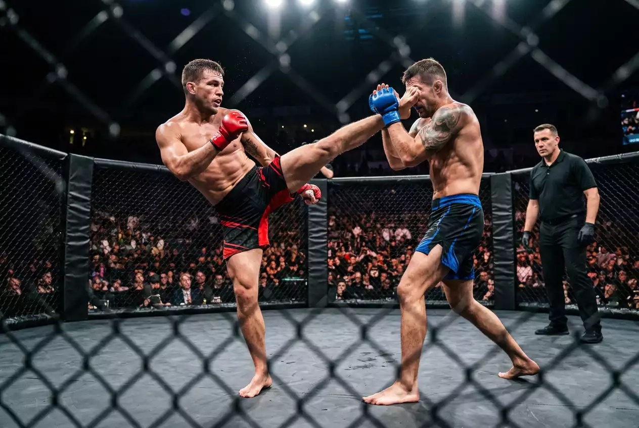 MMA-Kampfszene mit Striker und Grappler im Octagon